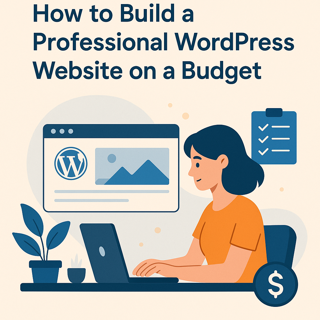 Woman building a professional WordPress website on a budget at her desk